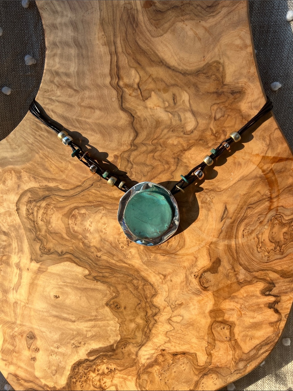 RLM SoHo teal Round Pendant Necklace on Black Multi-Strand Cord